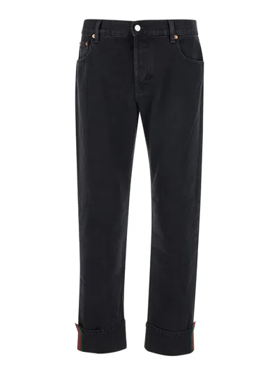Gucci Black Jeans With High Waist And Web Detail In Denim Man
