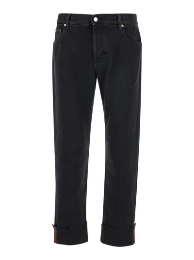 Gucci Black Jeans With High Waist And Web Detail In Denim Man