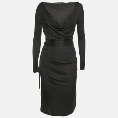 Pre-owned Gucci Black Jersey Cowl Neck Belted Short Dress M