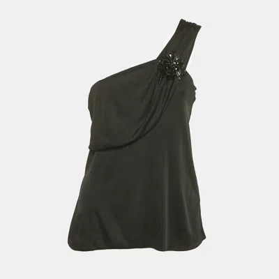Pre-owned Gucci Black Jersey Floral Brooch Detail One-shoulder Top M