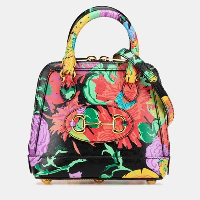 Pre-owned Gucci Black Ken Scoot New Shangai Mini Calfskin Jenny Floral Print Horsebit 1955 Top Handle Bag