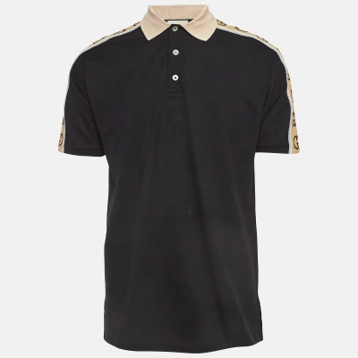 Pre-owned Gucci Black Knit Logo Detail Half Sleeve Polo T-shirt L