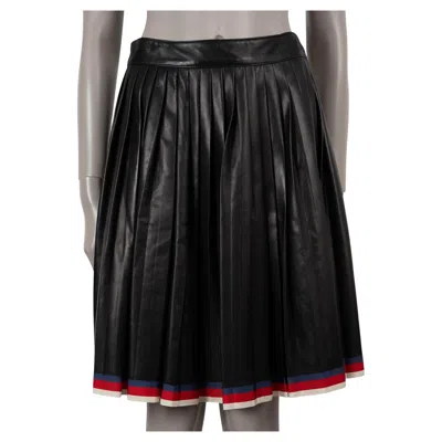 Pre-owned Gucci Black Leather 2017 Sylvie Trim Pleated Skirt 44 L