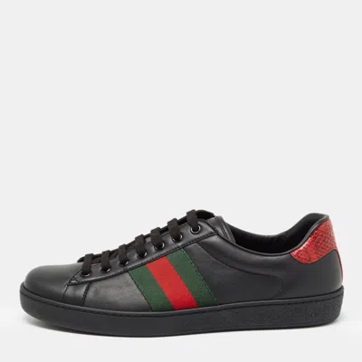 Pre-owned Gucci Black Leather Ace Web Low Top Sneakers Size 42.5