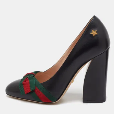 Pre-owned Gucci Black Leather Aline Web Bow Block Heel Pumps Size 38