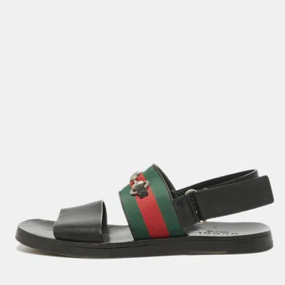Pre-owned Gucci Black Leather And Canvas Web Horsebit Slingback Sandals Size 41
