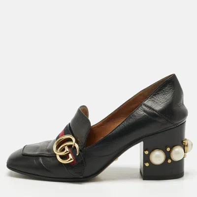 Pre-owned Gucci Black Leather And Canvas Web Loafer Pumps Size 37