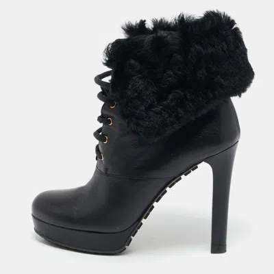 Pre-owned Gucci Black Leather And Fur Lace Up Platform Ankle Boots Size 37
