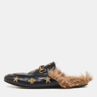 Pre-owned Gucci Black Leather And Fur Lined Bee Star Embroidered Horsebit Princetown Flat Mules Size 37