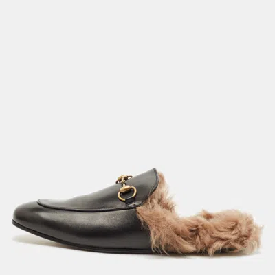 Pre-owned Gucci Black Leather And Fur Lined Princetown Flat Mules Size 44.5