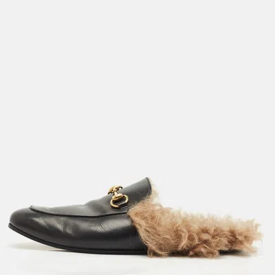 Pre-owned Gucci Black Leather And Fur Princetown Flat Mules Size 43