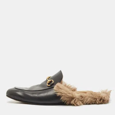 Pre-owned Gucci Black Leather And Fur Princetown Flat Mules Size 45