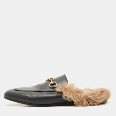 Pre-owned Gucci Black Leather And Fur Princetown Mule Sandals Size 37.5