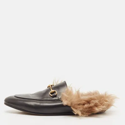 Pre-owned Gucci Black Leather And Fur Princetown Sandals Size 39