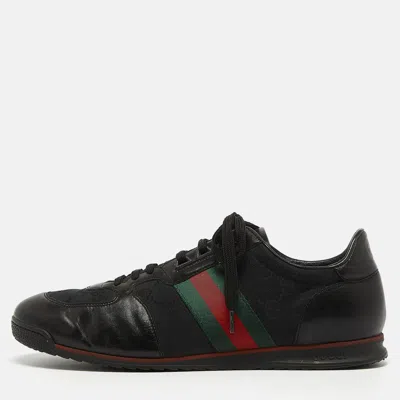 Pre-owned Gucci Black Leather And Gg Canvas Web Low Top Trainers Size 44.5