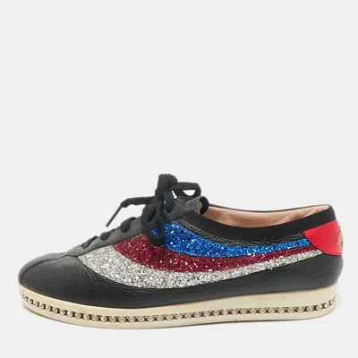 Pre-owned Gucci Black Leather And Glitter Falacer Low Top Sneakers Size 39