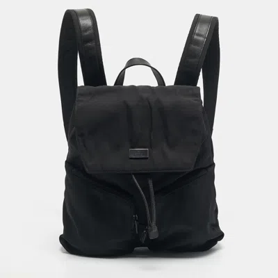 Pre-owned Gucci Black Leather And Nylon Pocket Drawstring Backpack