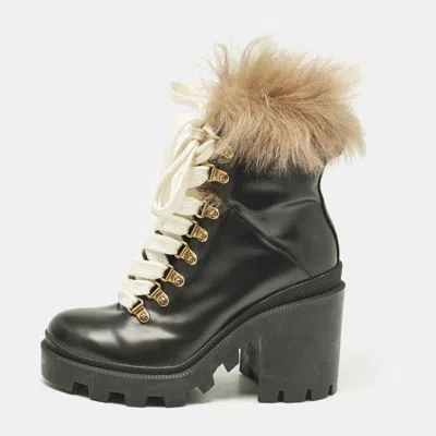 Pre-owned Gucci Black Leather And Shearling Fur Magnum Ankle Length Boots Size 35.5