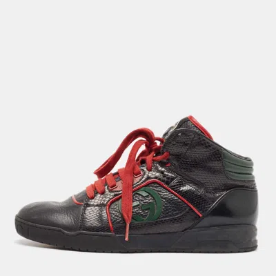 Pre-owned Gucci Black Leather And Snakeskin Leather High Top Sneakers Size 40.5