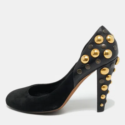 Pre-owned Gucci Black Leather And Suede Stud Embellishment Pumps Size 37