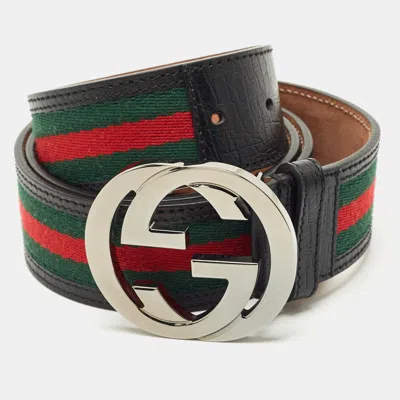Pre-owned Gucci Black Leather And Web Canvas Interlocking G Buckle Belt 105 Cm