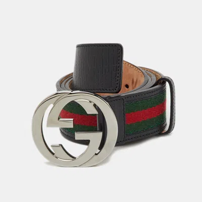 Pre-owned Gucci Black Leather And Web Interlocking G Buckle Belt 85cm
