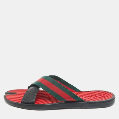 Pre-owned Gucci Black Leather And Web Tape Cross Strap Flat Slide Sandals Size 45