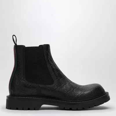 Gucci Black Leather Ankle Boot With Web Detail Men In Gray