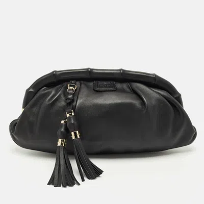 Pre-owned Gucci Black Leather Bamboo Frame Tassel Clutch
