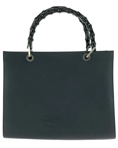 Gucci Black Leather Bamboo Tote (authentic Pre-loved) In Green