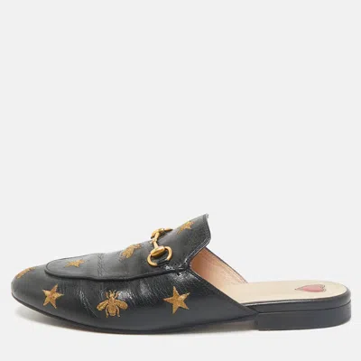 Pre-owned Gucci Black Leather Bee And Star Embroidered Horsebit Princetown Flat Mules Size 38