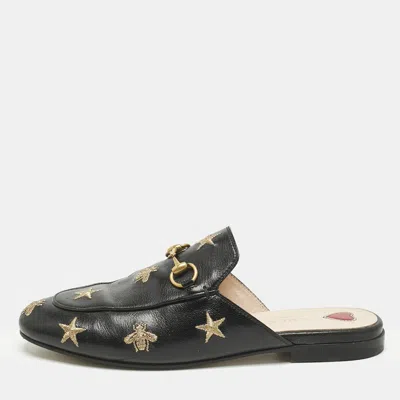 Pre-owned Gucci Black Leather Bee And Star Embroidered Princetown Flat Mules Size 37