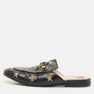 Pre-owned Gucci Black Leather Bee And Star Embroidered Princetown Flat Mules Size 37.5