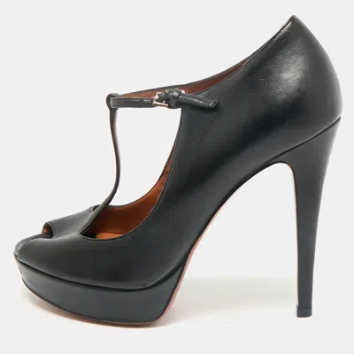 Pre-owned Gucci Black Leather Betty T-strap Platform Pumps Size 36.5
