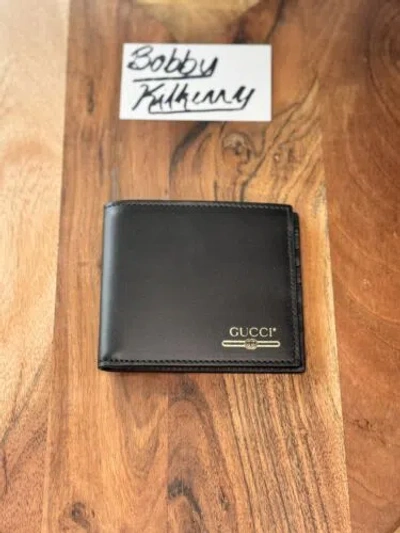 Pre-owned Gucci Black Leather Bi-fold Wallet With Gold  Logo (8 Slots) Authentic