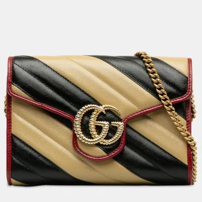 Pre-owned Gucci Black Leather Bicolor Torchon Gg Marmont Chain Wallet In Beige