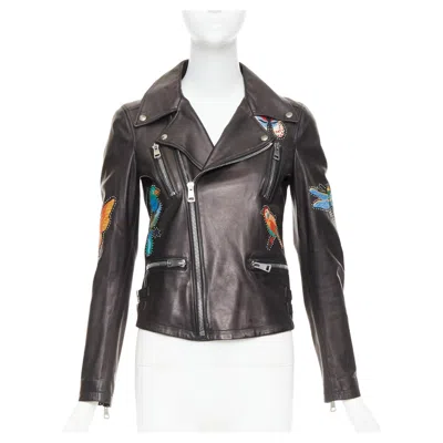 Pre-owned Gucci Black Leather Bird Butterfly Applique Studded Biker Jacket It38 Xs