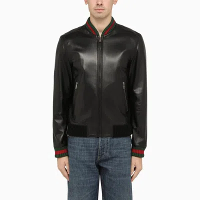 Gucci Jacket Lambskin Bomber Jacket With Virgin Wool Finishes And Web Detail In Black