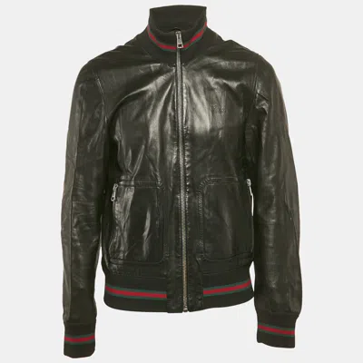 Pre-owned Gucci Black Leather Bomber Jacket Xl