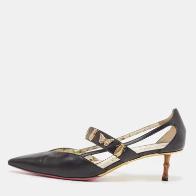 Pre-owned Gucci Black Leather Butterfly And Bee Embellished Slingback Pumps Size 42