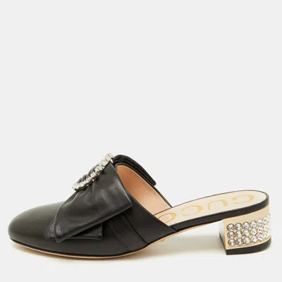Pre-owned Gucci Black Leather Candy Bow Crystal Embellished Mules Size 36.5