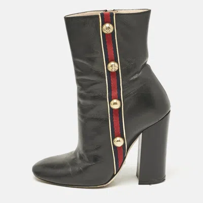 Pre-owned Gucci Black Leather Carly Malaga Studded Web Detail Block Heel Ankle Boots Size 37.5