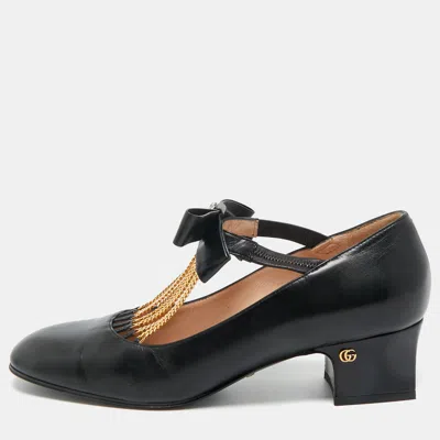 Pre-owned Gucci Black Leather Chain Embellished Mary Jane Pumps Size 39