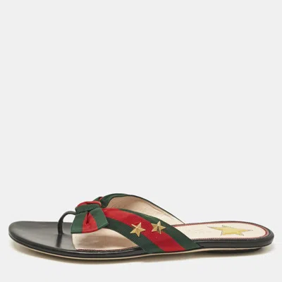 Pre-owned Gucci Black Leather Cindi Web Bow Star Detail Flat Thong Sandals Size 38