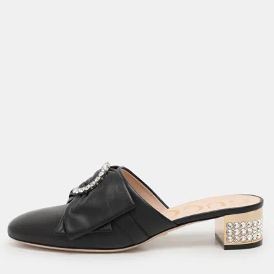 Pre-owned Gucci Black Leather Crystal Bow Embellished Mules Size 38.5