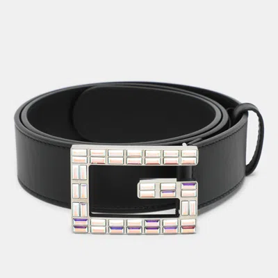 Pre-owned Gucci Black Leather Crystal Embellished G Buckle Belt 80cm