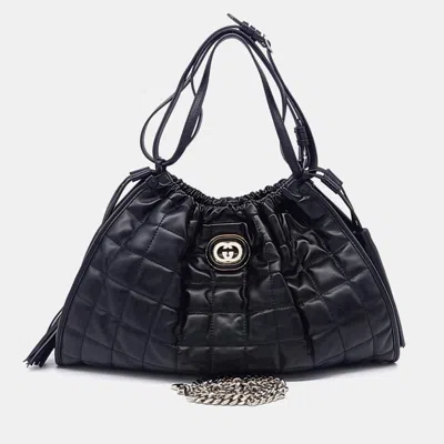 Pre-owned Gucci Black Leather Deco Medium Tote Bag (746210)