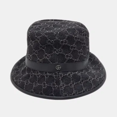 Pre-owned Gucci Black Leather Detail Gg Denim Bucket Hat L/58 Cm