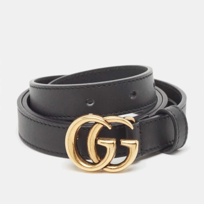 Pre-owned Gucci Black Leather Double G Buckle Slim Belt 85 Cm