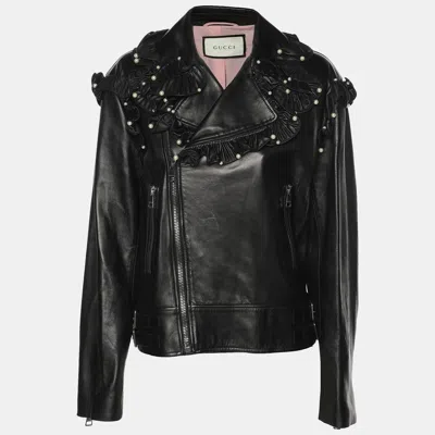 Pre-owned Gucci Black Leather Embellished Jacket M